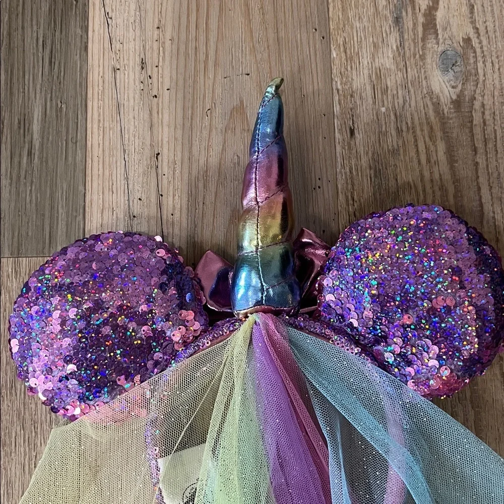 Disney Parks Minnie Mouse Ears Pink Purple Sequin Unicorn Rainbow Veil Headband